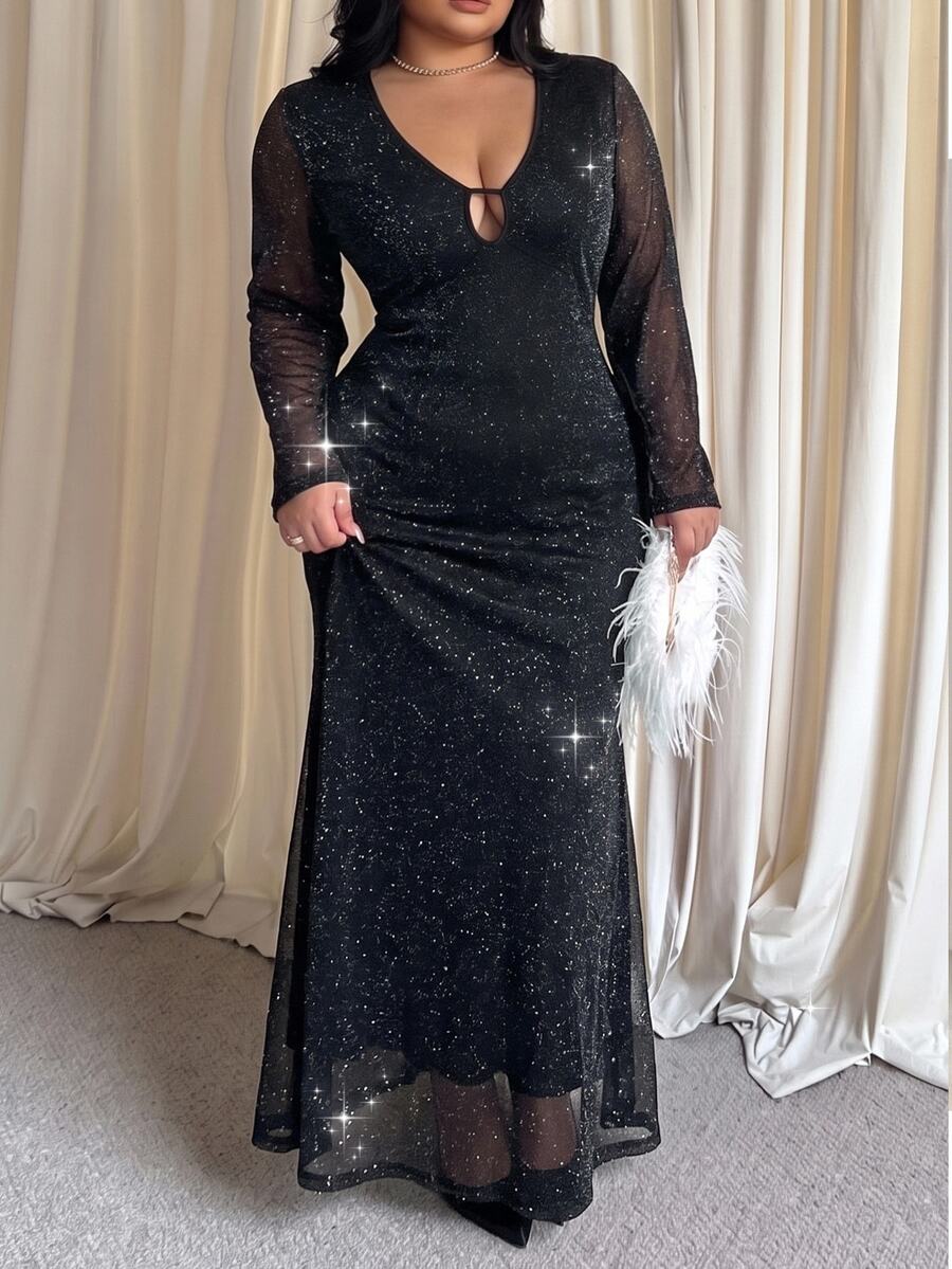 GalTyme Gaun Elegan Pas Badan Berkilau Lengan Panjang Leher V Dalam untuk Wanita Ukuran Plus - Hitam - View 1