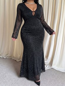 GalTyme Gaun Elegan Pas Badan Berkilau Lengan Panjang Leher V Dalam untuk Wanita Ukuran Plus - Hitam - View 4