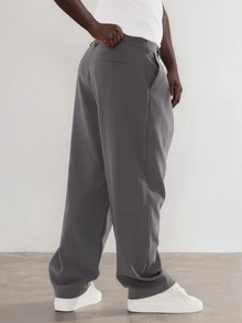 FORM&CHAOS Pantalones largos casuales de pierna ancha y corte holgado para hombre, unicolor, con diseño de doble bolsillo, plisado y parche con letra - Gris Oscuro - Ver 5
