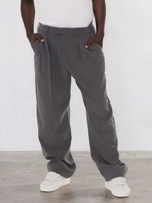 FORM&CHAOS Pantalones largos casuales de pierna ancha y corte holgado para hombre, unicolor, con diseño de doble bolsillo, plisado y parche con letra - Gris Oscuro - Ver 4