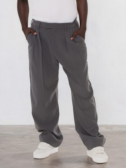 FORM&CHAOS Men's Solid Color Double Pocket Pleated Design Letter Patch Casual Wide Leg Loose Fit Long Pants