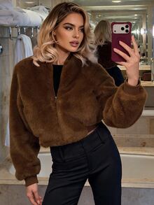 Avenya Minimalist Elegant Ribbed Stand Collar Plush Texture Warm Flight Jacket Night Out Everyday Shades Of Brown Winter - Brown - View 2