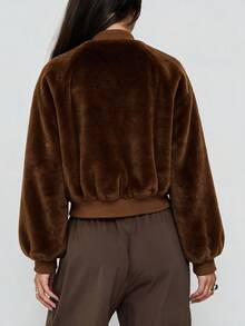 Avenya Minimalist Elegant Ribbed Stand Collar Plush Texture Warm Flight Jacket Night Out Everyday Shades Of Brown Winter - Brown - View 5