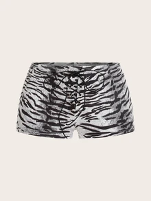 SHEIN ICON 女式超低腰虎纹印花交叉带短裤 - 黑與白 - 查看 4