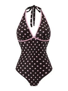 Bonvoyette Spring/Summer New Women's Polka Dot Print Backless Halter One-Piece Swimsuit, Beach Vacation - Pink - View 5