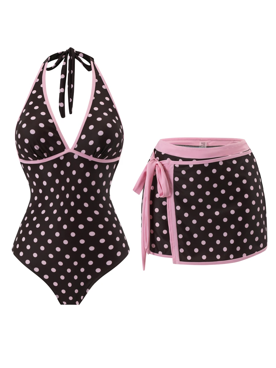 Bonvoyette Spring/Summer New Women's Polka Dot Print Backless Halter One-Piece Swimsuit, Beach Vacation - Pink - View 1