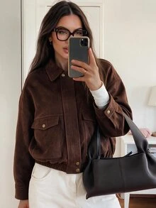 Avenya Corduroy Metal Button Front Pocket Jacket Everyday Thanksgiving Dark Brown Autumn 90s Retro Casual - Brown - View 1