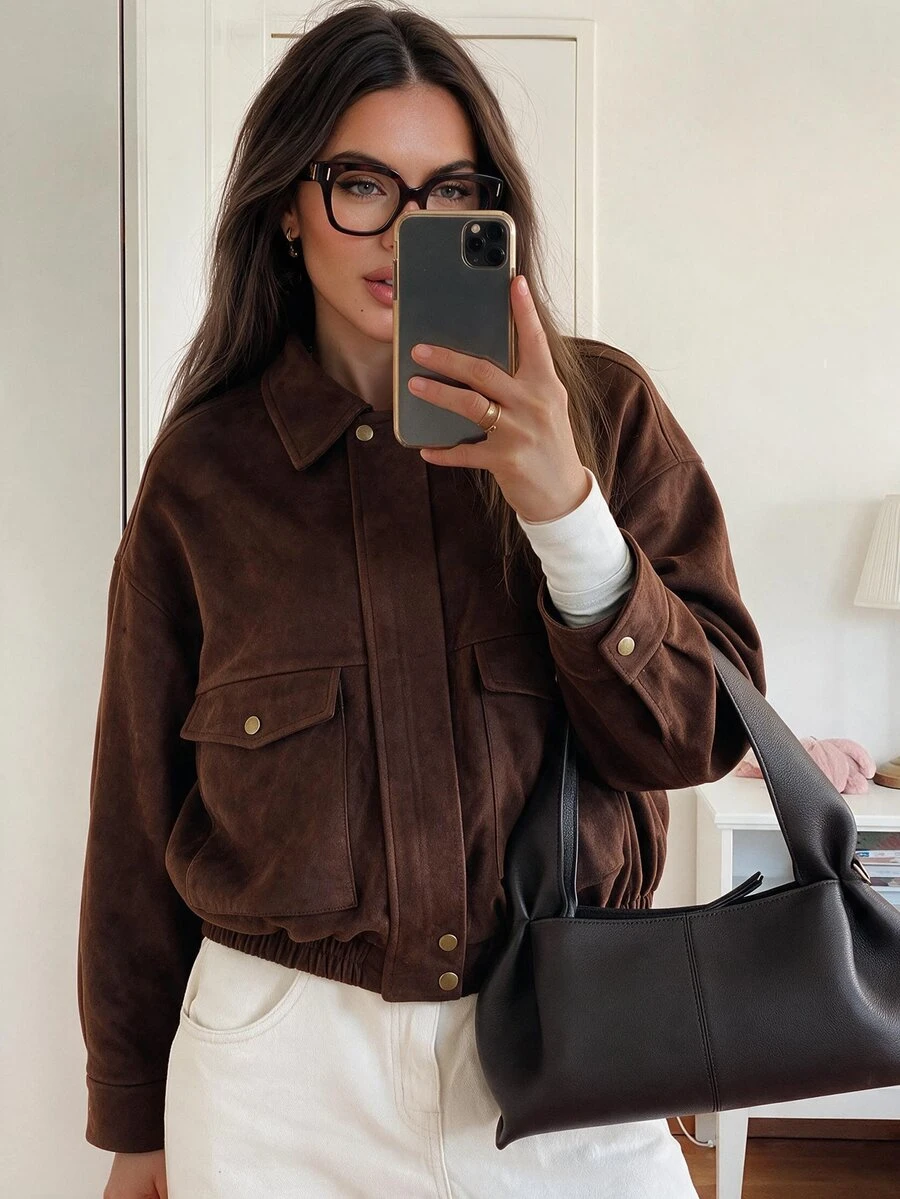 Avenya Corduroy Metal Button Front Pocket Jacket Everyday Thanksgiving Dark Brown Autumn 90s Retro Casual - Brown - View 1