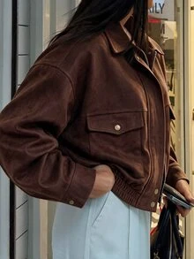 Avenya Corduroy Metal Button Front Pocket Jacket Everyday Thanksgiving Dark Brown Autumn 90s Retro Casual - Brown - View 6