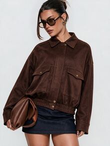 Avenya Corduroy Metal Button Front Pocket Jacket Everyday Thanksgiving Dark Brown Autumn 90s Retro Casual - Brown - View 4