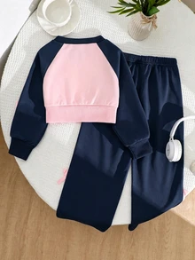 SHEIN 女童運動衫套裝 圓領短版套頭上衣 側邊條紋蝴蝶結裝飾 寬鬆長褲 秋季穿搭 時尚街頭風運動套裝 7歲生日 - 藏蓝色 - 查看 2