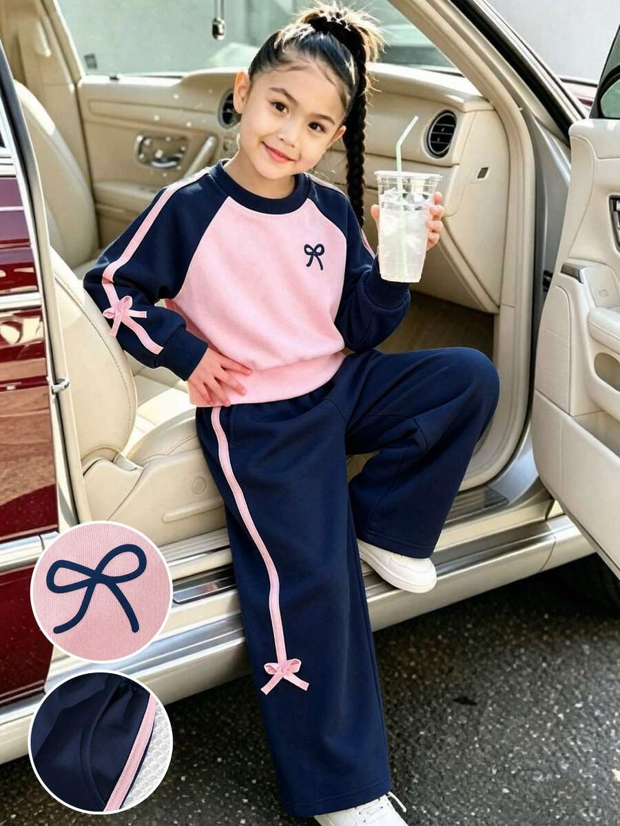 SHEIN 女童運動衫套裝 圓領短版套頭上衣 側邊條紋蝴蝶結裝飾 寬鬆長褲 秋季穿搭 時尚街頭風運動套裝 7歲生日 - 藏蓝色 - 查看 1