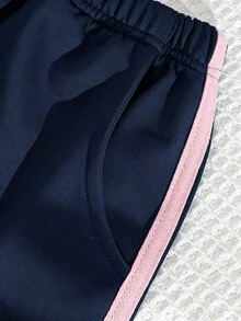 SHEIN 女童運動衫套裝 圓領短版套頭上衣 側邊條紋蝴蝶結裝飾 寬鬆長褲 秋季穿搭 時尚街頭風運動套裝 7歲生日 - 藏蓝色 - 查看 6