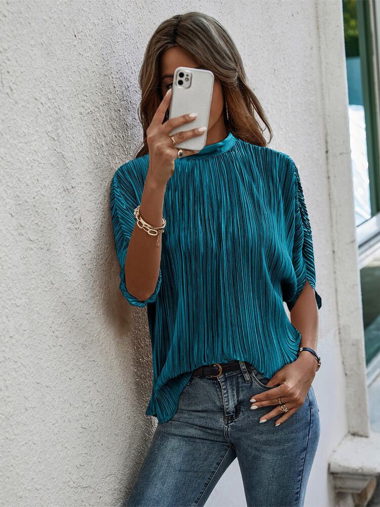 EMERY ROSE Atasan Kantor Wanita Elegan Warna Teal, Atasan Musim Semi/Panas Kerah Tegak dengan Tali Ikat, Lengan Kelelawar, Lipit, Longgar, Kasual, Chic untuk Acara Malam, Ukuran Standar - Teal Blue - View 5
