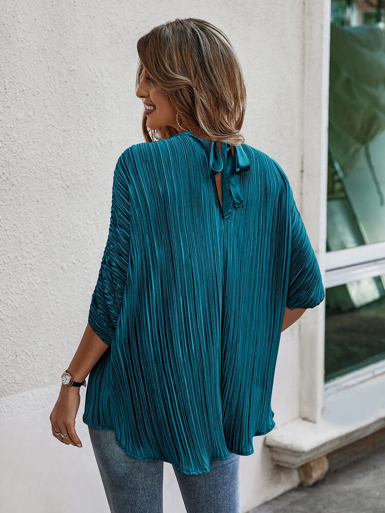 EMERY ROSE Atasan Kantor Wanita Elegan Warna Teal, Atasan Musim Semi/Panas Kerah Tegak dengan Tali Ikat, Lengan Kelelawar, Lipit, Longgar, Kasual, Chic untuk Acara Malam, Ukuran Standar - Teal Blue - View 2