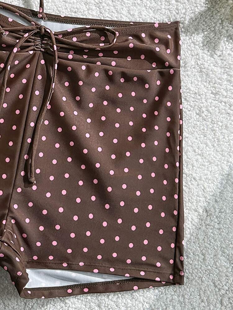 Costavie Women's Tankini Swimwear Brown Polka Dot, Summer, Tropical, Holiday, Pool Party, Vacation, Holiday, Adjustable Straps High Waist 2 Pieces Modest Outfit Sets - Coffee Brown - View 4