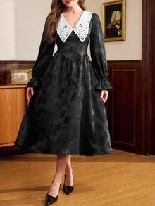 Vintamour Women's V-Neck Floral Print Pleated Casual Dress Elegant Vintage Formal Dress For Women Fall/Winter Elegant Going Out Wedding Guest Dress For Women - Black - View 7