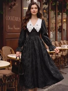 Vintamour Women's V-Neck Floral Print Pleated Casual Dress Elegant Vintage Formal Dress For Women Fall/Winter Elegant Going Out Wedding Guest Dress For Women - Black - View 4