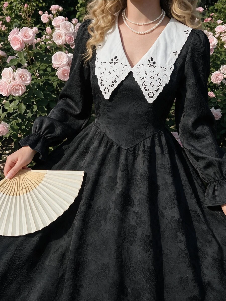 Vintamour Women's V-Neck Floral Print Pleated Casual Dress Elegant Vintage Formal Dress For Women Fall/Winter Elegant Going Out Wedding Guest Dress For Women - Black - View 1
