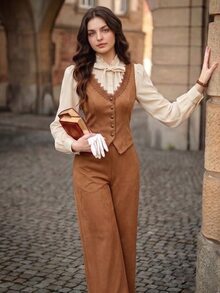Vintamour Women's Solid Color Contrast Lace Single-Breasted Vest And Pants Elegant 2 Pieces Set - Brown - View 4
