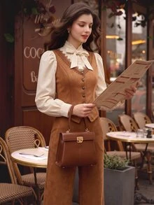 Vintamour Women's Solid Color Contrast Lace Single-Breasted Vest And Pants Elegant 2 Pieces Set - Brown - View 1