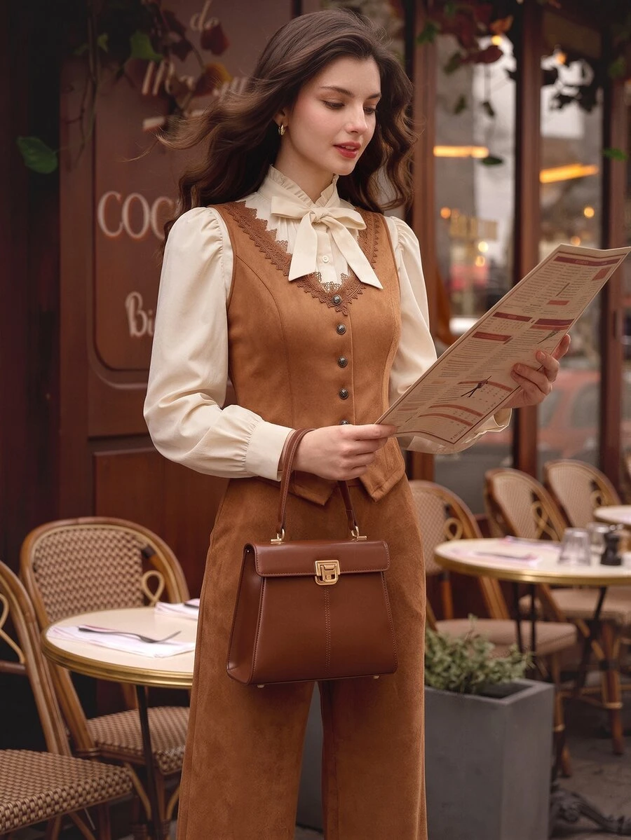 Vintamour Women's Solid Color Contrast Lace Single-Breasted Vest And Pants Elegant 2 Pieces Set - Brown - View 1