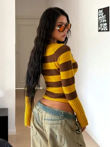 SHEIN HypeZone Women's Minimalist Street Style Yellow V-Neck Cold Shoulder Striped Fitted Knit Sweater Top, Autumn/Winter - Yellow - View 2
