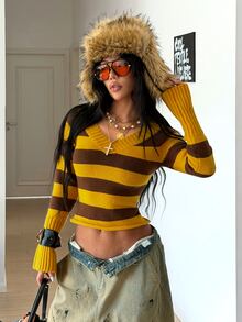 SHEIN HypeZone Women's Minimalist Street Style Yellow V-Neck Cold Shoulder Striped Fitted Knit Sweater Top, Autumn/Winter - Yellow - View 3