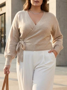 Elafinee Solid Color Minimalist V-Neck Cross Tie Waist Long Sleeve Sweater Women Versatile Knit Top - Khaki - View 1