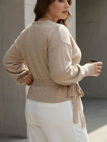 Elafinee Solid Color Minimalist V-Neck Cross Tie Waist Long Sleeve Sweater Women Versatile Knit Top - Khaki - View 5