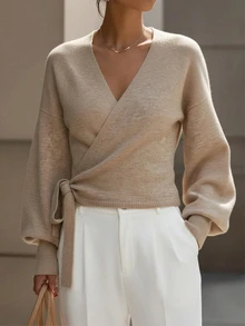 Elafinee Solid Color Minimalist V-Neck Cross Tie Waist Long Sleeve Sweater Women Versatile Knit Top - Khaki - View 3