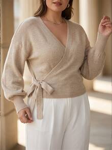 Elafinee Solid Color Minimalist V-Neck Cross Tie Waist Long Sleeve Sweater Women Versatile Knit Top - Khaki - View 2