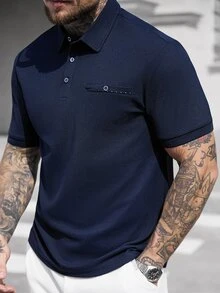 Manfinity CasualCool 男士休闲纯色纽扣短袖 Polo 衫 - 藏蓝色 - 查看 4