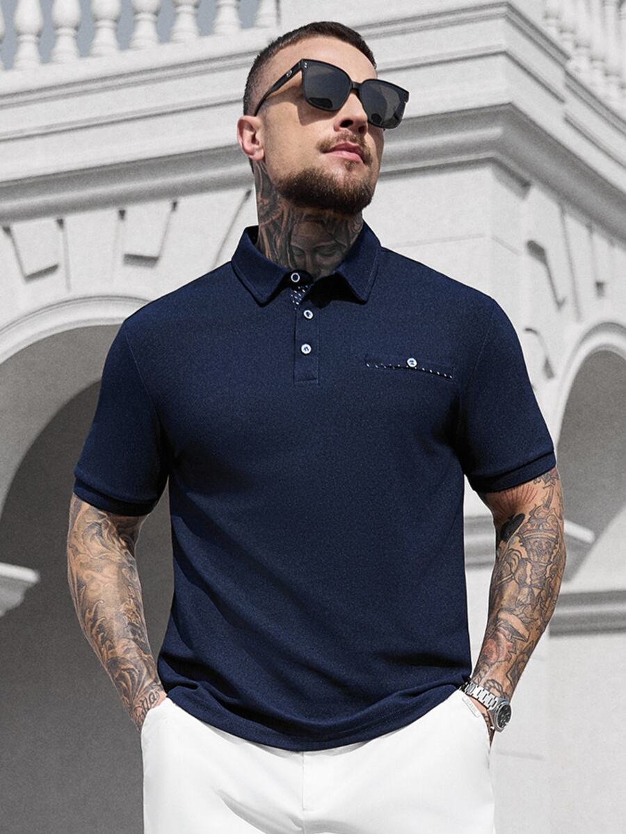Manfinity CasualCool 男士休闲纯色纽扣短袖 Polo 衫 - 藏蓝色 - 查看 1