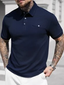 Manfinity CasualCool 男士休闲纯色纽扣短袖 Polo 衫 - 藏蓝色 - 查看 2