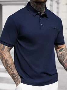 Manfinity CasualCool 男士休闲纯色纽扣短袖 Polo 衫 - 藏蓝色 - 查看 5