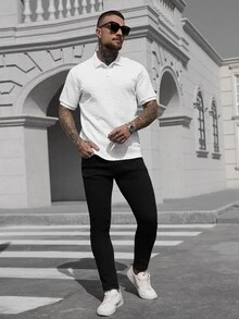 Manfinity CasualCool 男士基本款纹理设计纯色短袖领 Polo 衫，适合丈夫穿着，适合外出穿着，老款风格 - 白色 - 查看 4
