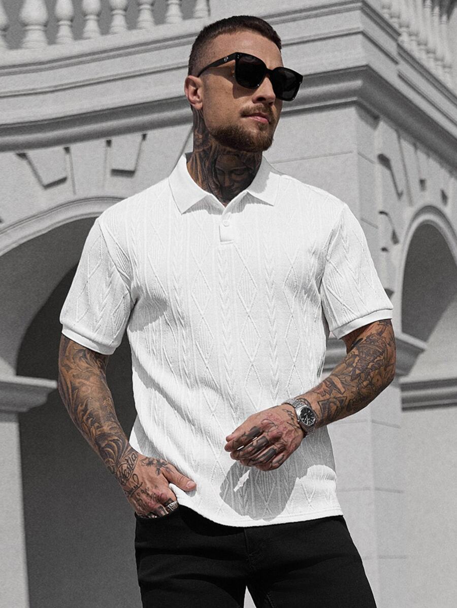 Manfinity CasualCool 男士基本款纹理设计纯色短袖领 Polo 衫,适合丈夫穿着,适合外出穿着,老款风格 - 白色 - 查看 1