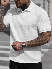 Manfinity CasualCool 男士基本款纹理设计纯色短袖领 Polo 衫，适合丈夫穿着，适合外出穿着，老款风格 - 白色 - 查看 5