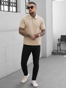 Manfinity CasualCool 男士纯色纹理 Polo 衫，休闲时尚，适合日常穿着 - 杏色 - 查看 6