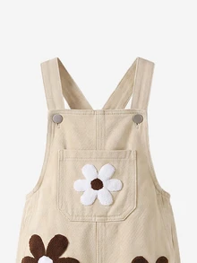 SHEIN Genkimix Kids Girls' Denim Overalls, Khaki, 3D Flower Towel Embroidery, Front Pocket, Straight Loose Fit, Autumn Fall Vacation - Khaki - View 10