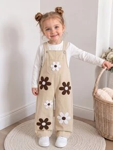 SHEIN Genkimix Kids Girls' Denim Overalls, Khaki, 3D Flower Towel Embroidery, Front Pocket, Straight Loose Fit, Autumn Fall Vacation - Khaki - View 6