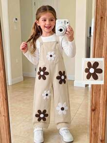 SHEIN Genkimix Kids Girls' Denim Overalls, Khaki, 3D Flower Towel Embroidery, Front Pocket, Straight Loose Fit, Autumn Fall Vacation - Khaki - View 5