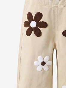 SHEIN Genkimix Kids Girls' Denim Overalls, Khaki, 3D Flower Towel Embroidery, Front Pocket, Straight Loose Fit, Autumn Fall Vacation - Khaki - View 9