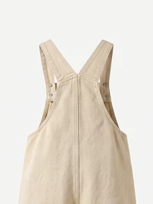 SHEIN Genkimix Kids Girls' Denim Overalls, Khaki, 3D Flower Towel Embroidery, Front Pocket, Straight Loose Fit, Autumn Fall Vacation - Khaki - View 8