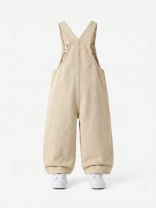 SHEIN Genkimix Kids Girls' Denim Overalls, Khaki, 3D Flower Towel Embroidery, Front Pocket, Straight Loose Fit, Autumn Fall Vacation - Khaki - View 3