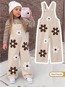 SHEIN Genkimix Kids Girls' Denim Overalls, Khaki, 3D Flower Towel Embroidery, Front Pocket, Straight Loose Fit, Autumn Fall Vacation - Khaki - View 2