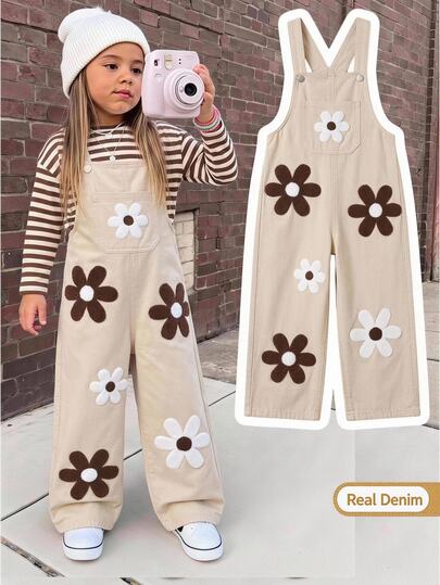 SHEIN Genkimix Kids Girls' Denim Overalls, Khaki, 3D Flower Towel Embroidery, Front Pocket, Straight Loose Fit, Autumn Fall Vacation