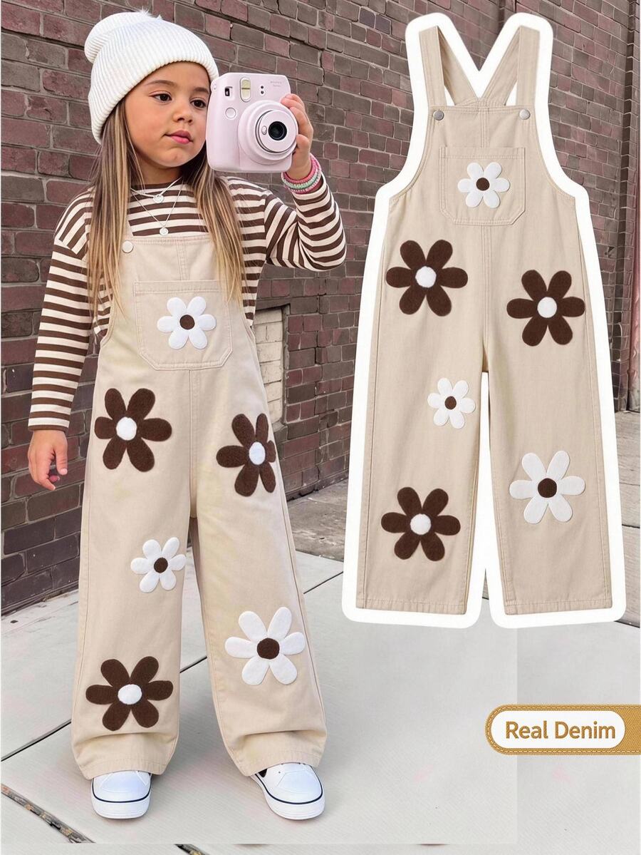 SHEIN Genkimix Kids Girls' Denim Overalls, Khaki, 3D Flower Towel Embroidery, Front Pocket, Straight Loose Fit, Autumn Fall Vacation