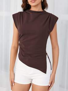 EMERY ROSE Women's Casual Solid Color Asymmetric Hem Cap Sleeve T-Shirt, Summer - Coffee Brown - View 5